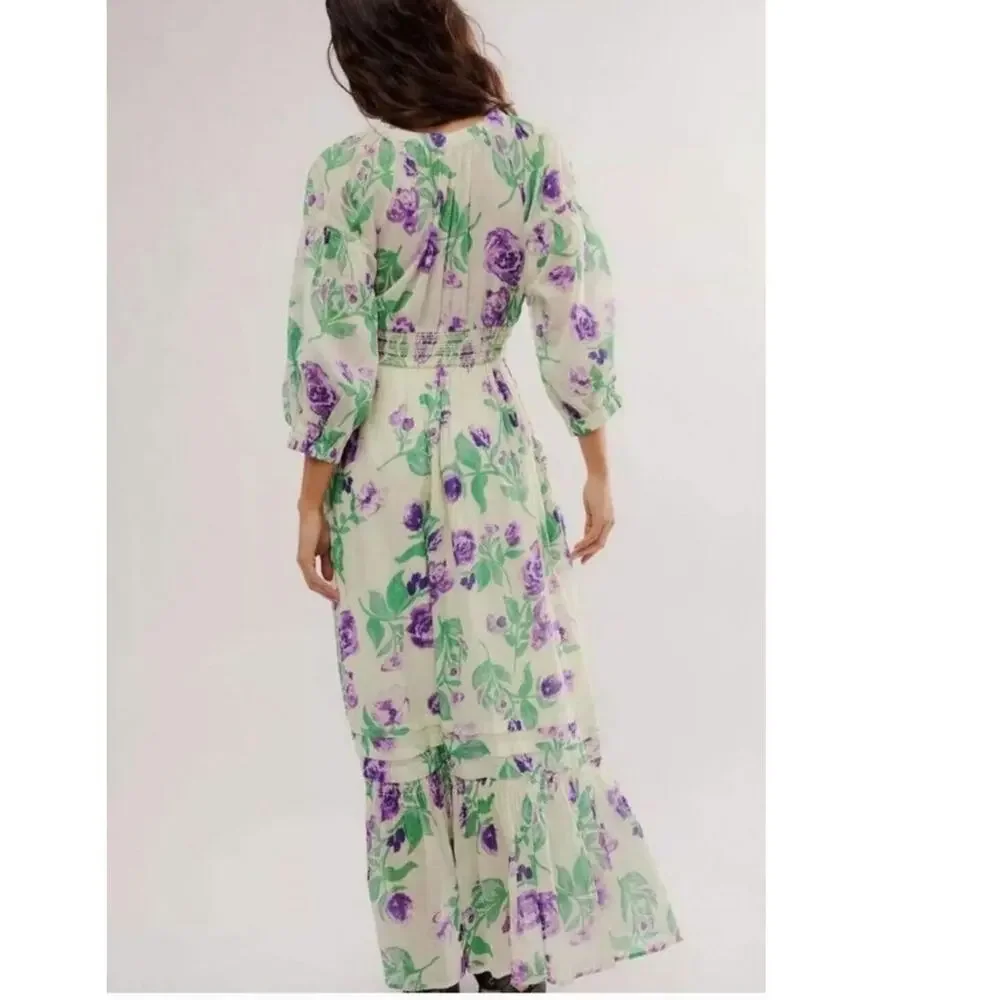 New Free People Golden Hour Floral Maxi Dress $168 X-SMALL Purple Green Boho